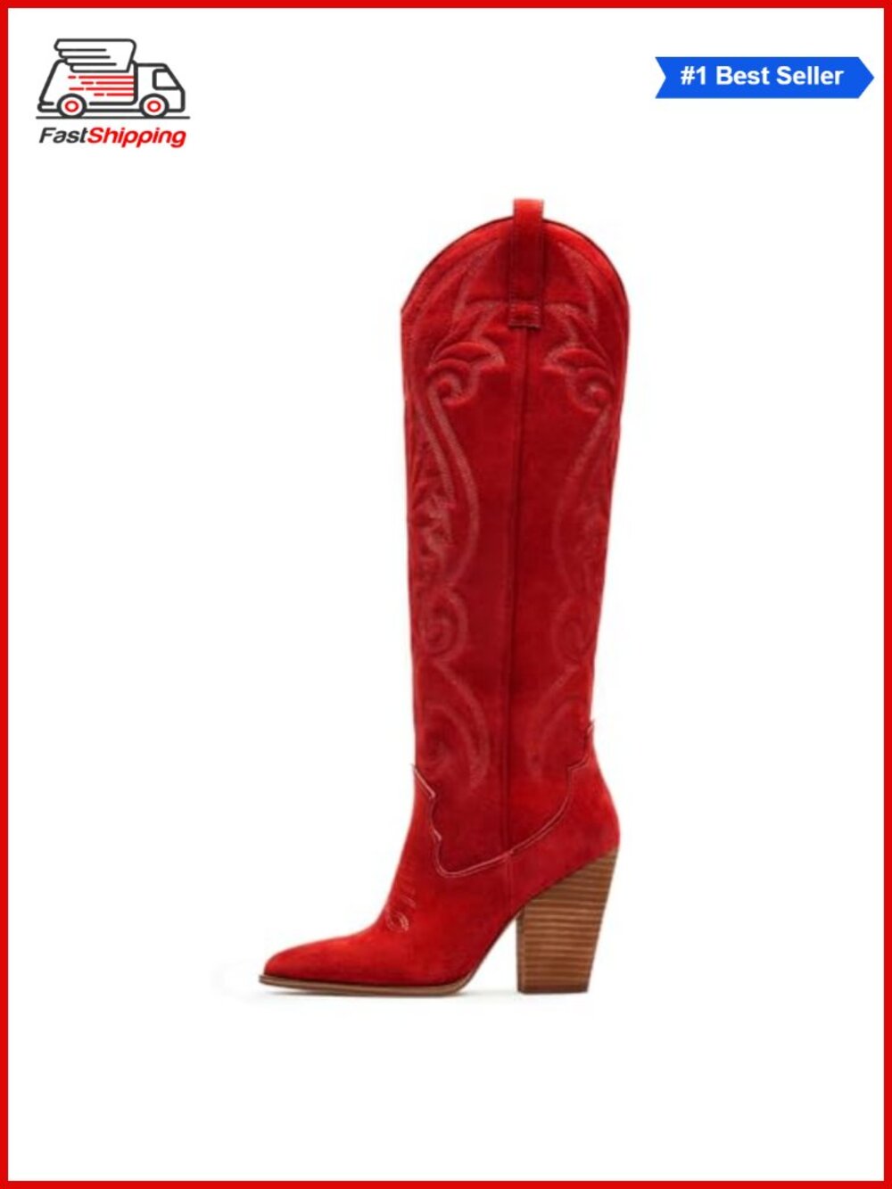 ✨ Pointed Toe Knee High Western Cowboy Boots Chunky Heel Pull On Embroidered